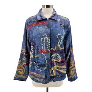 Vintage Norm Thompson Womens Large Jacket Patch Work Embroidered Tie Dye Blue